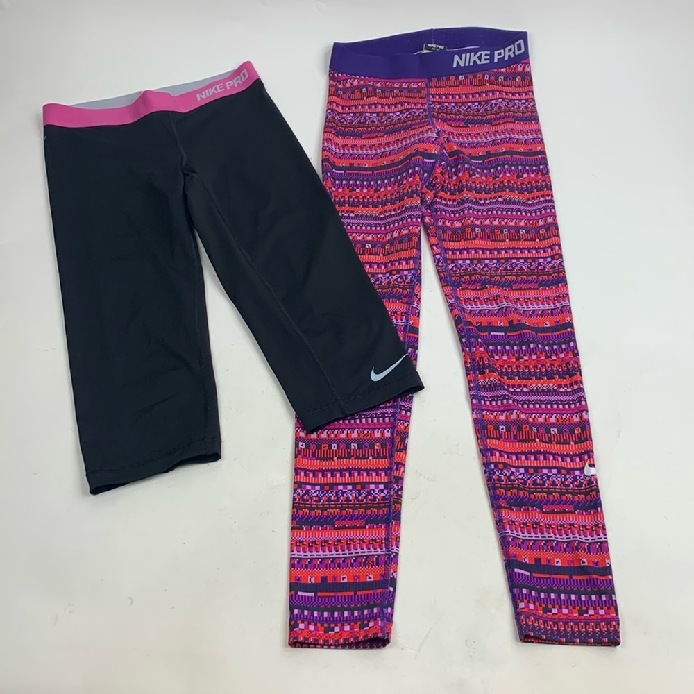 Nike Pro Leggings Set pair Small Black pink Purple Dri Fit Full and crop length